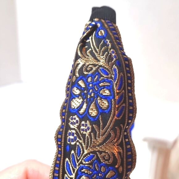 JEWELTONE JACQUARD SATIN FABRIC top knot royal blue gold black headband - Picture 5 of 9